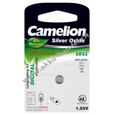 Camelion Silberoxid-Knopfzelle, Uhrenbatterie SR43 /G12/LR43/186 /386 1er Blister