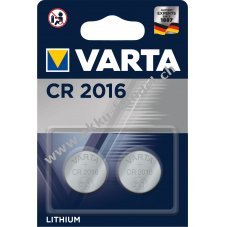 Lithium Knopfzelle, Batterie Varta CR 2016, IEC CR2016, ersetzt auch DL2016, 3V 2er Blister